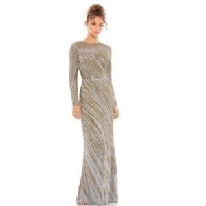 MAC DUGGAL Platinum Long Sleeve Beaded Column Gown
